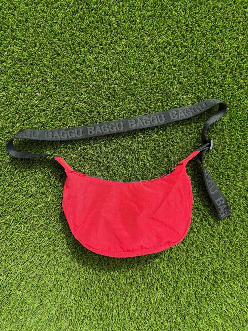 BAGGU Red Crescent Crossbody with Black Logo Strap